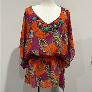 VINTAGE Victoria’s Secret Tunic Top XSBoho Paisley Floral Print, BeadedNeckline.